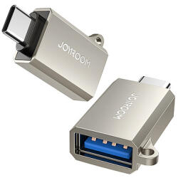 JOYROOM S-H151 USB-C (apám) / USB-A (nőstény) adapter nyakba akasztható fűzőlyukkal - ezüst