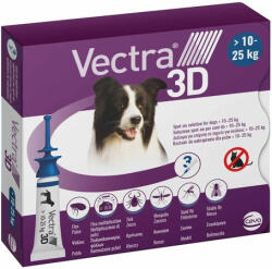 Vectra 3D spot-on repelent pentru câini împotriva căpușelor, puricilor, țânțarilor și muștelor (pentru câini de 10-25 kg; 3 x pipetă de 3, 6 ml; Albastru)