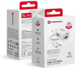 Forcell F-ENERGY Crystal Color GaN III VT-41 travel charger with silicone cable with 1 x Type C + 1x USB A sockets, PD QC4.0 33W white
