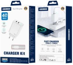 Jellico fali töltő EU19 GaN PD 40W 2xUSB-C + USB-C - Lightning kábel Fehér
