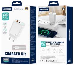 Jellico hálózati töltő EU13 GaN PD 30W 1xUSB-C + 1xUSB QC3.0 + kábel USB-C - USB-C Fehér