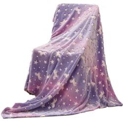 SDEPOT S DEPOT® foszforeszkáló takaró, puha és könnyen kezelhető anyag, mely sötétben világít, lilában fehér egyszarvúkkal (PATURA_MOV_UNICORNI_120X150)