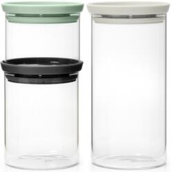 Brabantia üvegedény készlet, 3db-os, 0, 3L/0, 6L/1, 1L, egymásra rakható, légmentes záródás, kerek, világosszürke, sötétszürke, jáde zöld fedők, átlátszó üveg tartály - 100550 (100550)