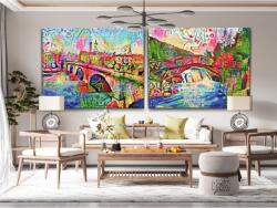 Gyémánt kirakó - Színes híd (2 db-os készlet) Méret: 40x60cm (2db), Keretezés: Keret nélkül (csak a vászon), Gyémántok: Kerek