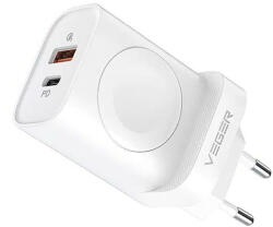 VEGER hálózati töltő USB + USB-C + vezeték nélküli töltő kompatibilis Apple Watch PD QC3.0 3A 25W W002E, fehér