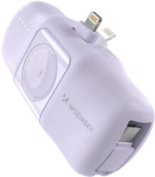 Wozinsky WF16-YLS mini powerbank 5000mAh 15W Lightning csatlakozóval, beépített Type-C kábellel + vezeték nélküli Apple Watch töltés, lila