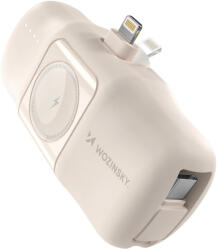 Wozinsky WF16-YLS mini powerbank 5000mAh 15W Lightning csatlakozóval, beépített Type-C kábellel + vezeték nélküli Apple Watch töltés, bézs