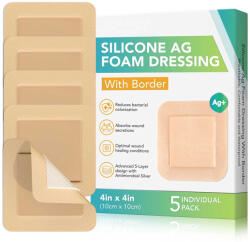 NOVA KISS Set 5 Pansamente cu Argint si Silicon, din Spuma Absorbanta, cu margine adeziva, 10 cm x 10 cm