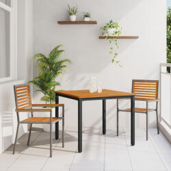 vidaXL 3 darabos Kerti Étkezősor Szürke Poli Rattan Akáccal, Összerakható Kerti Székek Párnákkal 2 db Szürke Poli Rattan, Kerti Asztal 90x90x75 cm Tömör Akácfa és Fém (VD3365491)
