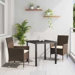 vidaXL 3 Darabos Kerti Étkezőszett Párnákkal Barna Polirattan, Kerti Asztal Fekete 80x80x73 cm Edzett Üveg (VD3379779)