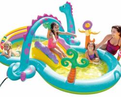 Intex felfújható dinós élménymedence , vízsugárral , csúzdával gyerekeknek , 3.02 m × 2.29 m × 1.12 m (KRSZO001)