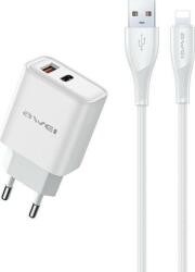 Awei A WEI PD81L-EU Hálózati Töltő USB+Type-C Aljzat 22.5 W, PD Gyorstöltő + Lightning Kábel, Fehér (Awe000237) (Awe000237)