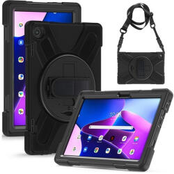Lenovo Tab M10 (10.1) (3. generáció) TB-328, Műanyag hátlap védőtok, szilikon belső, kitámasztóval, kézpánt, vállpánt, Defender, fekete - mobil-box