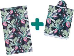  Strandkészlet NIGHT BLOSSOM - Fürdőlepedő 100×180 cm és poncsó 80×145 cm, fekete