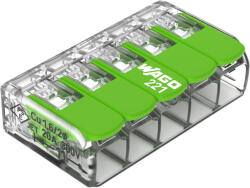  Wago 221-425 GREEN vezeték összekötő 5 x 0, 2-4mm2 -es tömör és sodrott vezetékhez, oldható, lapos kivitel, átlátszó házban (újrahasznosított anyagból készült) (221-425)