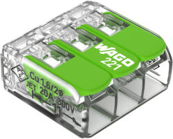 WAGO 221-423 GREEN vezeték összekötő 3 x 0, 2-4mm2 -es tömör és sodrott vezetékhez, oldható, lapos kivitel, átlátszó házban (újrahasznosított anyagból készült) (221-423)