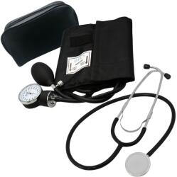 StartONTeam Kézi feszültségmérő, klasszikus, karmandzsettával, professzionális mechanikus eszköz vérnyomásméréshez, sztetoszkóppal és tárolótáskával, fekete (EA-TNS001)