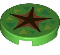 LEGO® 14769pb666c36 - LEGO élénk zöld csempe 2 x 2 méretű, kerek, alján bütyök foglalattal, barna csillag és háromszög mintákkal (14769pb666c36)