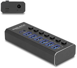 Delock 7 Portos USB Hub 4 10 Gbps-s Porttal És 4 Gyorstöltő Porttal Kijelzővel És Kapcsolóval