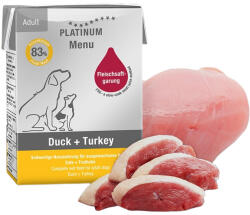 PLATINUM MENU Duck + Turkey-nedves kutyatáp felnőtt kutyának kacsa és pulyka 12x185g - vetpluspatika