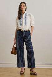 Lauren Ralph Lauren nadrág vászonkeverékből sötétkék, magas derekú széles, 200978536 - sötétkék 40