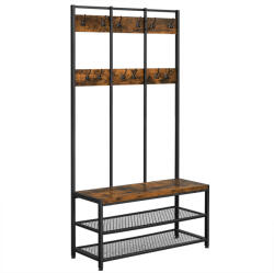 VASAGLE Ipari Stílusú Előszobafal Cipőspaddal Rusztikus Barna-Fekete (EUZ-HSR86BXV1)