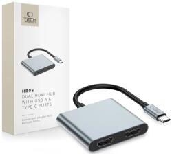 Tech-Protect HB08 HUB ADAPTER 4IN1 TYPE-C + USB2.0 + 2 x HDMI 4K 60HZ космическо сиво