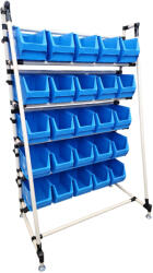 DPS Csővázas Mh3-Box tartó állvány 1110x700x1730 mm, 25 db kék dobozzal (250206_2a_d)