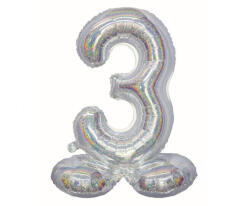  Holographic Silver, Ezüst 3-as szám fólia lufi talppal 72 cm (MLG145670)