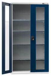 POLAK Fém műhelyszerszámtartó SK1 üvegajtókkal, 1950 x 1044 x 625 mm, 4 polccal, szürke/sötétkék
