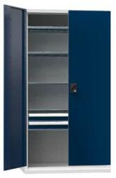 POLAK Fém műhelyszerszámos láda SK1, 1950 x 1044 x 625 mm, 4 polccal és 2 fiókkal, szürke/sötétkék