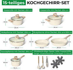 Just Perfecto JL-788 edény és serpenyő készlet, 15 cm, öntöttvas, márvány bevonat, indukciós, kiegészítők, bézs