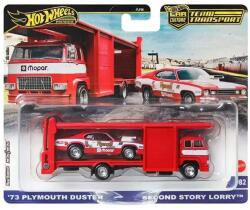 Mattel Hot Wheels: Second Story Lorry Transportor auto premium și mașinuță 73 Plymouth Duster 1/64 - Mattel (FLF56/JBM38)