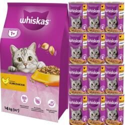 Whiskas Adult 14kg száraz táp finom csirkével + WHISKAS Adult 12x400 g nedves karma csirkével zselében
