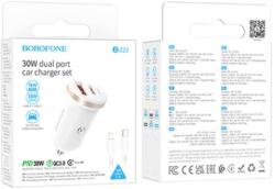 BOROFONE BZ22, Szivargyújtós töltő, PD 30W QC 1x USB-A + 1x USB-C + Type-C - Lightning kábel, fehér (GYORS TÖLTÉS)