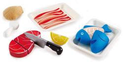 Hape Set de peste si carne Hape Set de fantezie Set de mancare din lemn pentru copii, Set de gatit cu ingrediente si accesorii cu velcro (E3155) Bucatarie copii