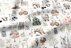  Pamutvászon textil - 160 cm / farmon élő állatok - fehér alapon