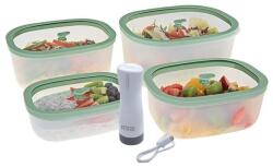 Status Fresko Polipropilén vákuumtároló szett edzett üveg tetővel ( Menta 0, 5 L + 0, 9 L + 1, 4 L + 2, 3 L ) + 1 db BVP-50 akkumulátoros vákuumpumpa