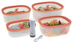 Status Fresko Polipropilén vákuumtároló szett edzett üveg tetővel ( Lazac 0, 5 L + 0, 9 L + 1, 4 L + 2, 3 L ) + 1 db BVP-50 akkumulátoros vákuumpumpa