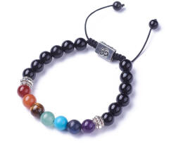  7 Csakra (K89) Fekete Obszidián Ohm Om Aum Csúszócsomós Ásvány Karkötő Csukló átmérő: ~5, 2-7, 6cm