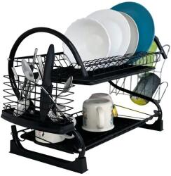Ruhhy Fekete kétszintes edényszárító 16 tányérhoz, pohár- és evőeszköz tartóval (00024634)