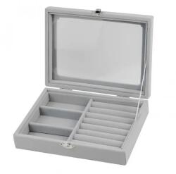 Herzberg Home & Living Szürke velúr ékszerdoboz üvegtetővel, 3 rekesz és 7 gyűrűtartó, 20×15 cm (HG-05330)