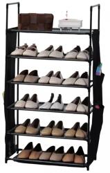 Herzberg 6 szintes cipőtároló polc, 57×27×100 cm, fekete, oldalzsebekkel (HG-03329)