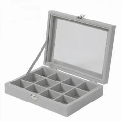 Herzberg Home & Living Ékszerdoboz üvegfedéllel, 12 rekesszel, 20×15×5 cm, szürke (HG-05309)