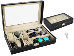  Fekete eco-bőr óra- és szemüvegtartó doboz, 6+3 rekesz, kulcsos zár (00008497)