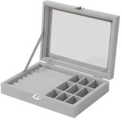 Herzberg Home & Living Szürke bársony ékszerdoboz üvegfedéllel, 9 rekesszel és 7 gyűrűtartóval (HG-05361)