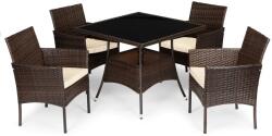 Garden Select 5 részes rattan kerti bútor szett 4 stílusos székkel és üveg asztallal (90x90x74 cm), kényelmes bézs színű párnákkal, fém vázas konstrukció, barna (KJFR009)
