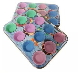 Alum Alumínium muffinsütő forma 12 muffinhoz, mérete 35 × 27 cm, 12 papírkosárral együtt