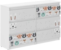  Ifjúsági 6 fiókos Komód 120cm - Erdei állatok - fehér-szürke