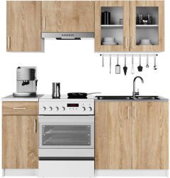 AKORD Lima Konyhabútor Szett - 180cm, Sonoma Tölgy/Fehér, Üveges Vitrinnel (AKO-KZ0PLIMWITDAB001)